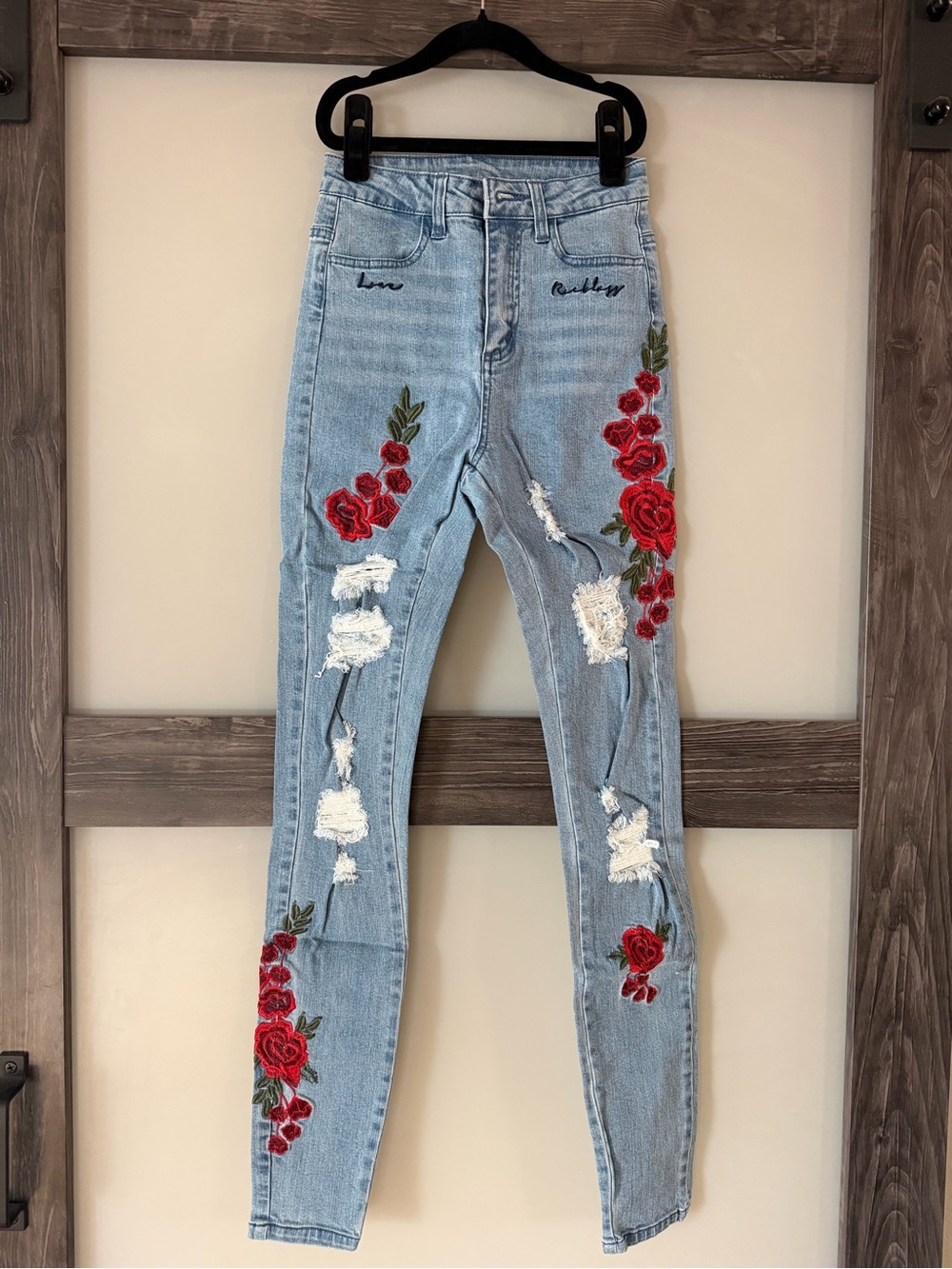 Young & Reckless Light Blue Skinny Jeans with Red Rose Embroidery
